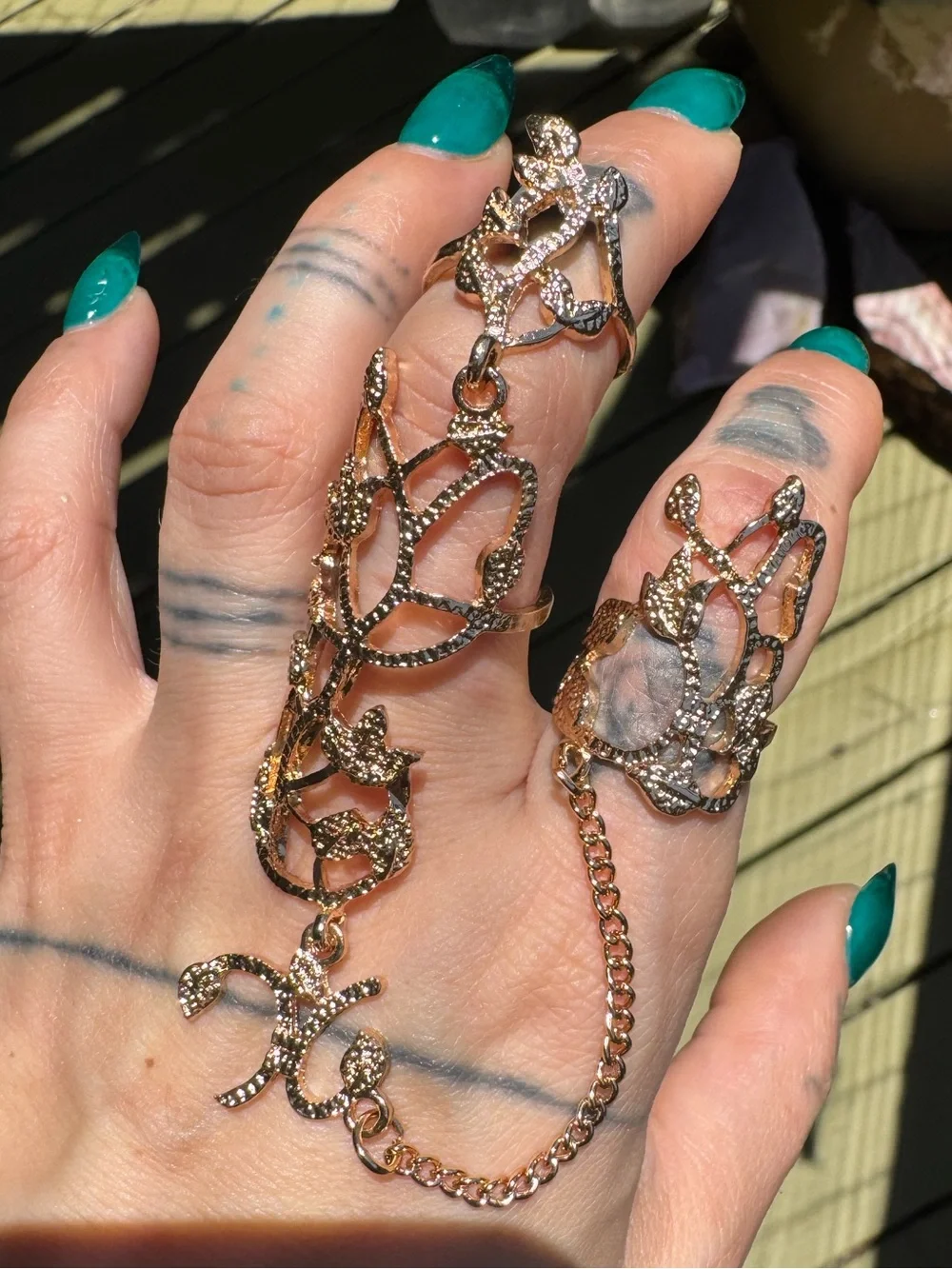 Gold Leaf Hand Chain Double Ring